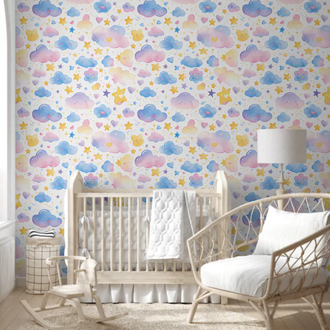 Cute Blue Clouds Watercolor Nursery Pattern Wallpaper