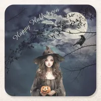 Halloween Witch in Moonlight  Square Paper Coaster