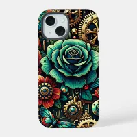 Beautiful Steampunk Themed Gears and Roses iPhone 15 Case