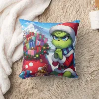 The Grinch plotting near a festive pile of gifts Throw Pillow