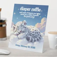 Cute Snow Leopard Asleep on Clouds Diaper Raffle Pedestal Sign