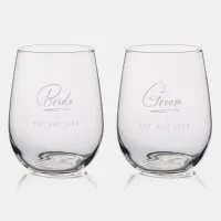 Modern Calligraphy Bride & Groom ID1025 Stemless Wine Glass