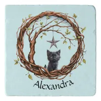 Cute Black Kitten Watching a Star Trivet