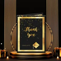 Thank you photo card graduate black gold confetti