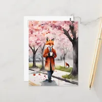 Red Fox Walking With a Coffee Cherry Blossoms Postcard