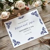 Mexican Talavera Blue Floral Minimalist Wedding Save The Date