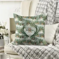 Winter Woodland Deer Monogram Christmas  Throw Pillow