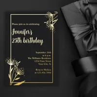 Elegant Chic Black Floral 25th Birthday Party Foil Invitation