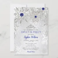 Royal Blue Snowflakes Tiara Sweet 16 Invitation