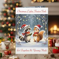 Raccoon and Squirrel Hanging Christmas Lights  Holiday Card