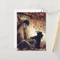 Gorgeous Blond Witch Pet Black Goat in Autumn Postcard