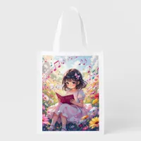Anime Girl Reading  in Flowers and Musical Notes Grocery Bag