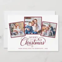 Elegant Christmas Script 3 Photo Burgundy Holiday Card