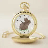 Cute Woodland Bunny in Clover Pocket Watch
