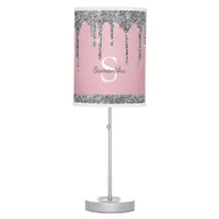 Rose Gold Pink Silver Glitter Drips Monogram Name Table Lamp