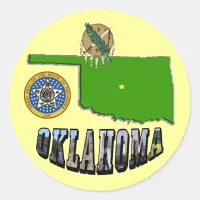 Oklahoma Map Outline, Seal, and Picture Text Classic Round Sticker