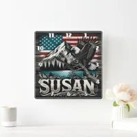 Majestic Eagle Over Mountains and American Flag Square Wall Clock