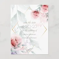 Save the Date |  Coral/Lilac Aquarelle Peony Postcard