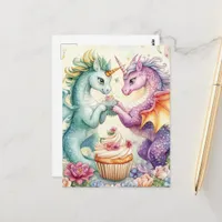 Cute Unicorn Dragons With Cupcake and Flowers Postcard