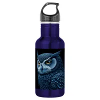 Blue and Black Serious Owl  Stainless Steel Water Bottle