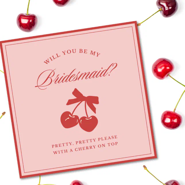 Clean Aesthetic Bow & Cherry Bridesmaid Proposal  Invitation