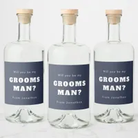 Will You Be My Groomsman White Script Navy Blue Liquor Bottle Label