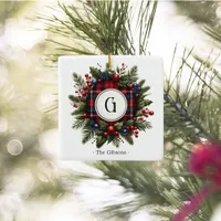 Vintage Tartan Monogram Photo Holiday Ceramic Ornament