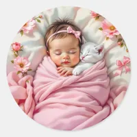 Pink Floral Baby Girl and White Kitten Classic Round Sticker