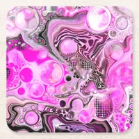 Pink and Black Fluid Art Pour Painting Effect   Square Paper Coaster