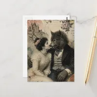 Vintage Woman and Werewolf in Love Collage Postcard