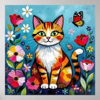 Impasto Cat, Flowers & Butterfly Poster