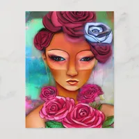 Woman With Roses Mixed Media Collage Postcard