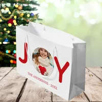 Christmas red joy photo simple elegant large gift bag