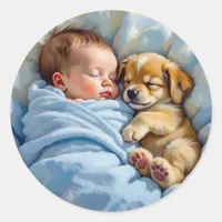 Newborn Baby Boy Napping with Puppy Classic Round Sticker