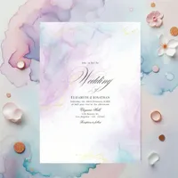 Soft Pastel Blue and Gold Alcohol Ink Wedding Invitation