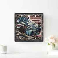 Majestic Eagle Perched Near American Landscape Square Wall Clock