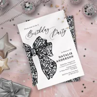 Feminine Black Floral Lace Bow Birthday Party Invitation