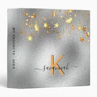 Silver gold stars monogram name glam 3 ring binder
