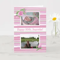 Pink Watercolor Birthday Now and Then Photos Card