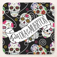Sugar Skulls and Swirls Rose Black ID725 Square Paper Coaster