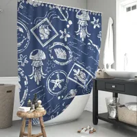 Vintage Navy Blue Nautical Sea Stamp Shower Curtain