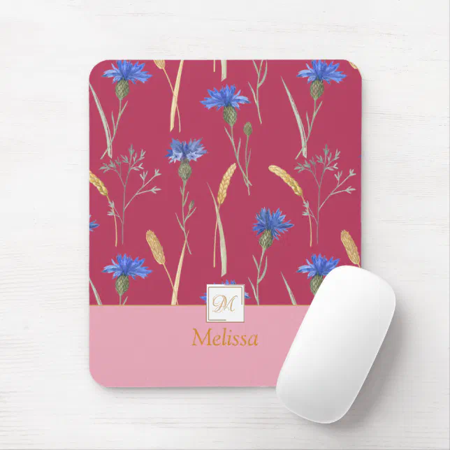 Red Floral Wildflower Monogram Mouse Pad