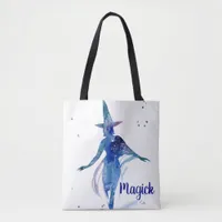 Blue Watercolor Magick Witch Tote Bag