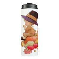Vintage Pilgrim Boy Praying on Pumpkin Thermal Tumbler