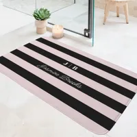 Blush Pink And Black Wide Stripes Monogram Name Bath Mat