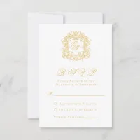 Elegant Faux Gold Monogram Crest Script Wedding RSVP Card