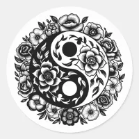 Pretty Black and White Floral Yin Yang Classic Round Sticker