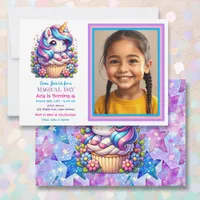 Cute Unicorn and Cupcake Child's Photo Birthday Invitation