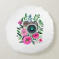 Vintage Flowers and Retro Camera Personalized Round Pillow