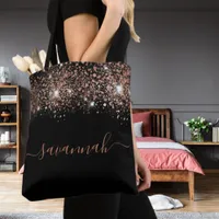 Black rose gold glitter monogram script tote bag